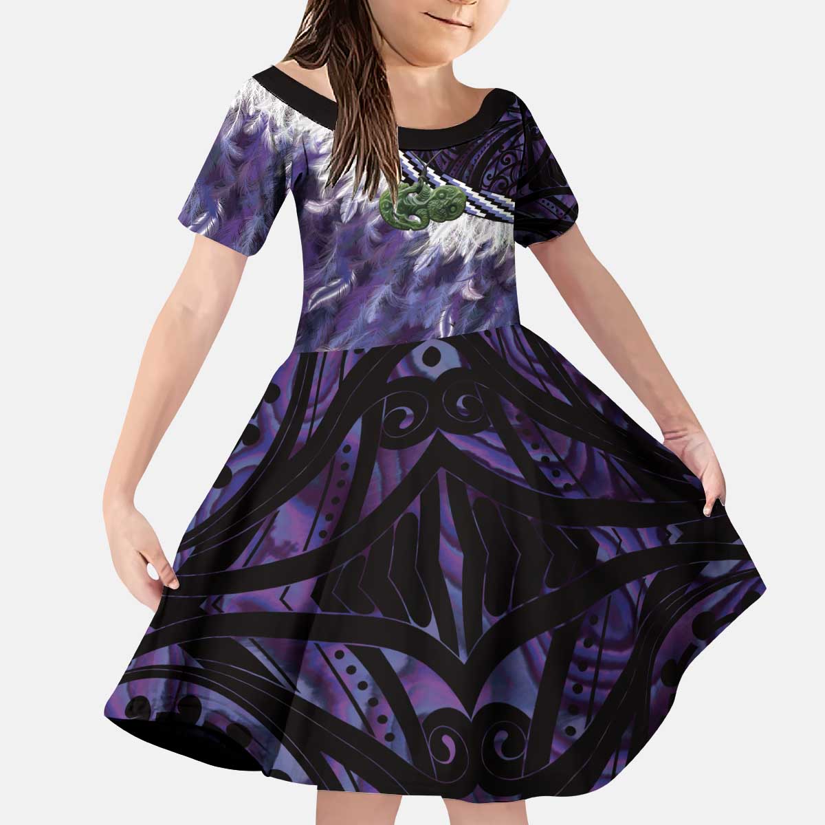 Purple Traditional Cloak Aotearoa Kid Short Sleeve Dress Maori Paua Shell Korowai Pattern