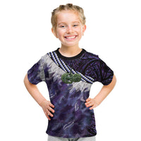 Purple Traditional Cloak Aotearoa Kid T Shirt Maori Paua Shell Korowai Pattern