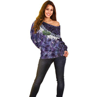 Purple Traditional Cloak Aotearoa Off Shoulder Sweater Maori Paua Shell Korowai Pattern