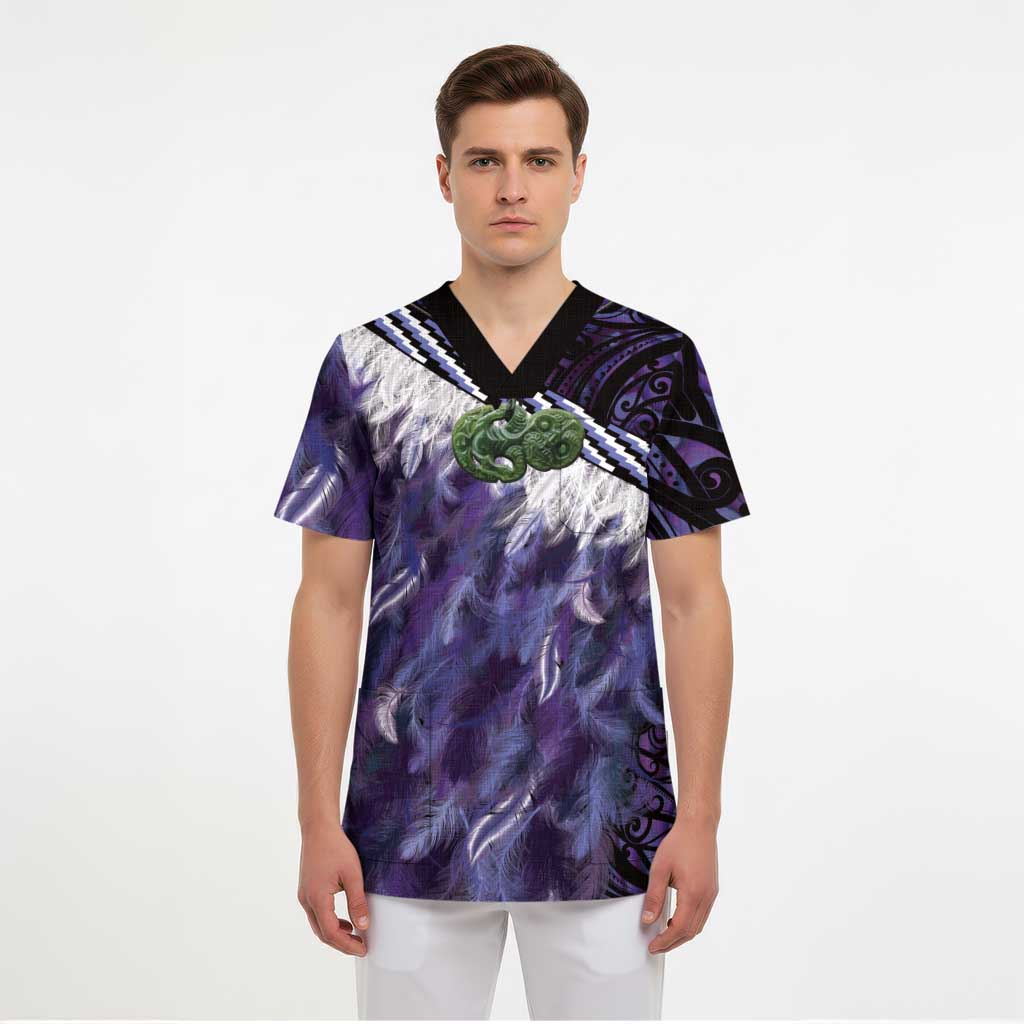 Purple Traditional Cloak Aotearoa Scrub Top Maori Paua Shell Korowai Pattern - Polynesian Pride
