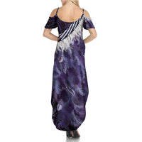 Purple Traditional Cloak Aotearoa Summer Maxi Dress Maori Paua Shell Korowai Pattern