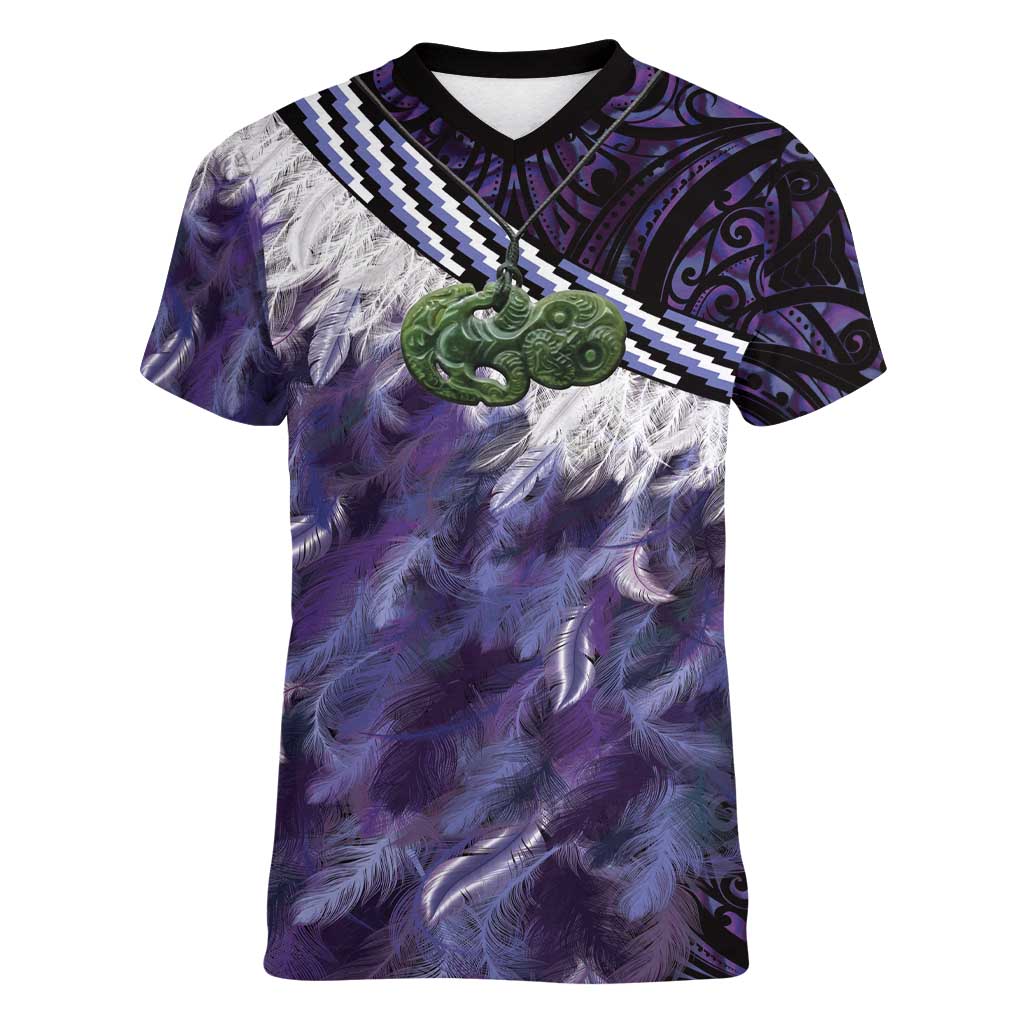 Purple Traditional Cloak Aotearoa Women V-Neck T-Shirt Maori Paua Shell Korowai Pattern