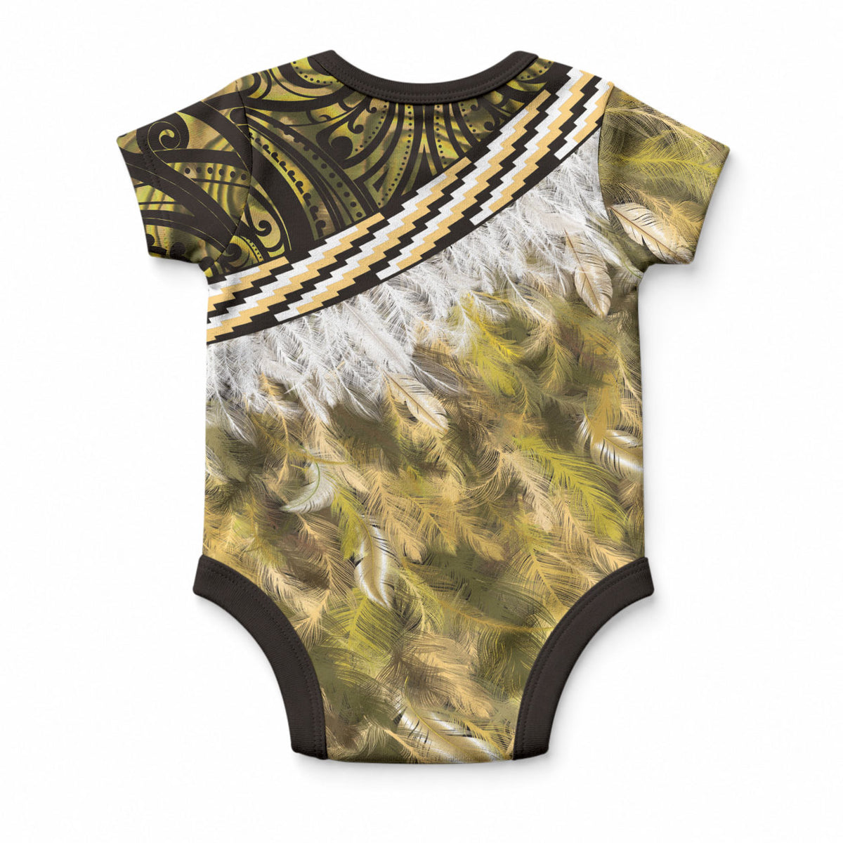 Yellow Traditional Cloak Aotearoa Baby Onesie Maori Paua Shell Korowai Pattern LT14 - Polynesian Pride