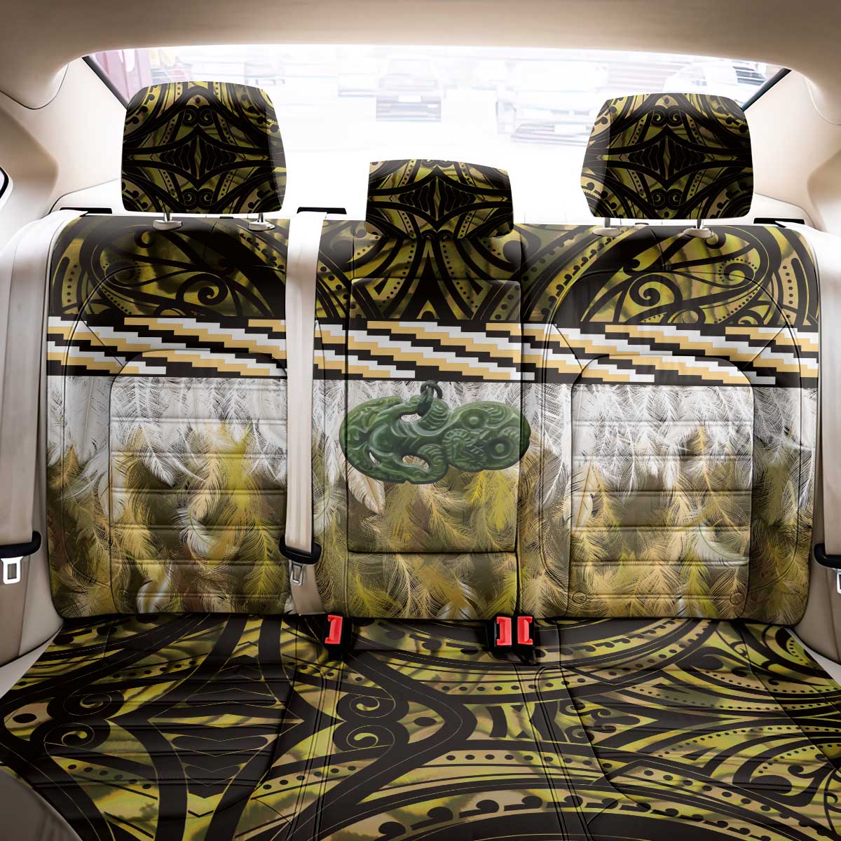 Yellow Traditional Cloak Aotearoa Back Car Seat Cover Maori Paua Shell Korowai Pattern