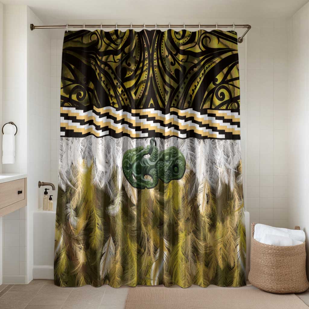 Yellow Traditional Cloak Aotearoa Bathroom Set Maori Paua Shell Korowai Pattern LT14 Shower Curtain Only Yellow - Polynesian Pride