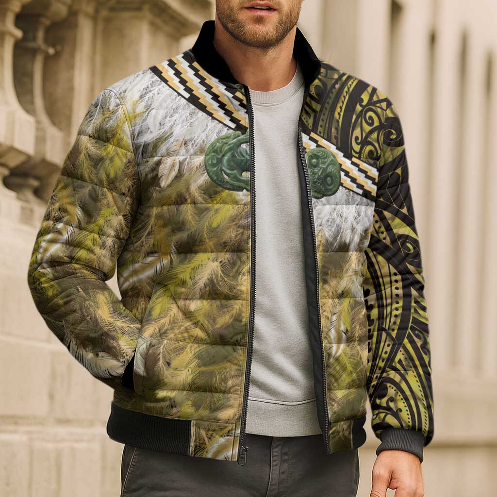 Yellow Traditional Cloak Aotearoa Bomber Puffer Jacket Maori Paua Shell Korowai Pattern - Polynesian Pride