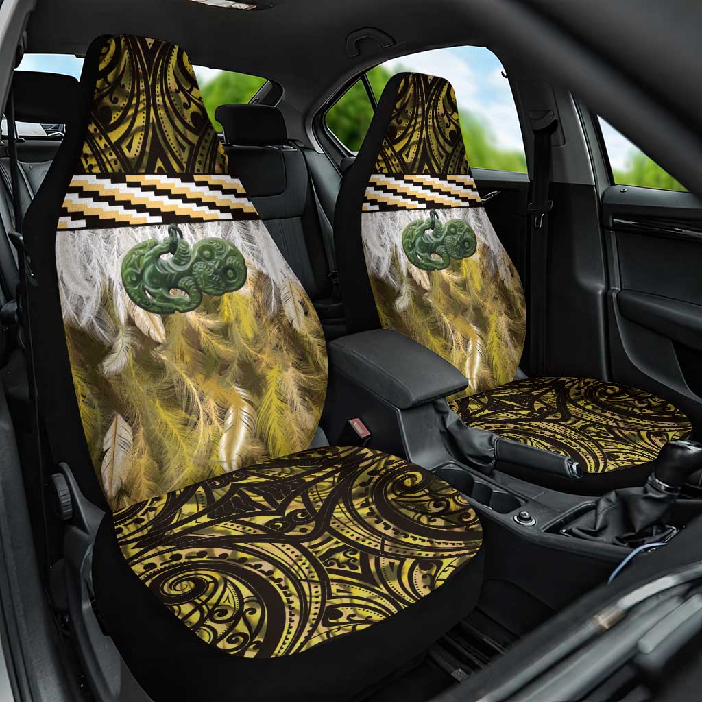 Yellow Traditional Cloak Aotearoa Car Seat Cover Maori Paua Shell Korowai Pattern
