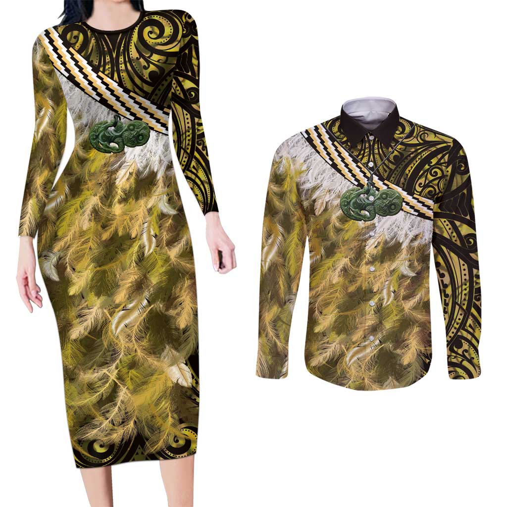 Yellow Traditional Cloak Aotearoa Couples Matching Long Sleeve Bodycon Dress and Long Sleeve Button Shirt Maori Paua Shell Korowai Pattern LT14 Yellow - Polynesian Pride