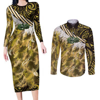 Yellow Traditional Cloak Aotearoa Couples Matching Long Sleeve Bodycon Dress and Long Sleeve Button Shirt Maori Paua Shell Korowai Pattern LT14 Yellow - Polynesian Pride