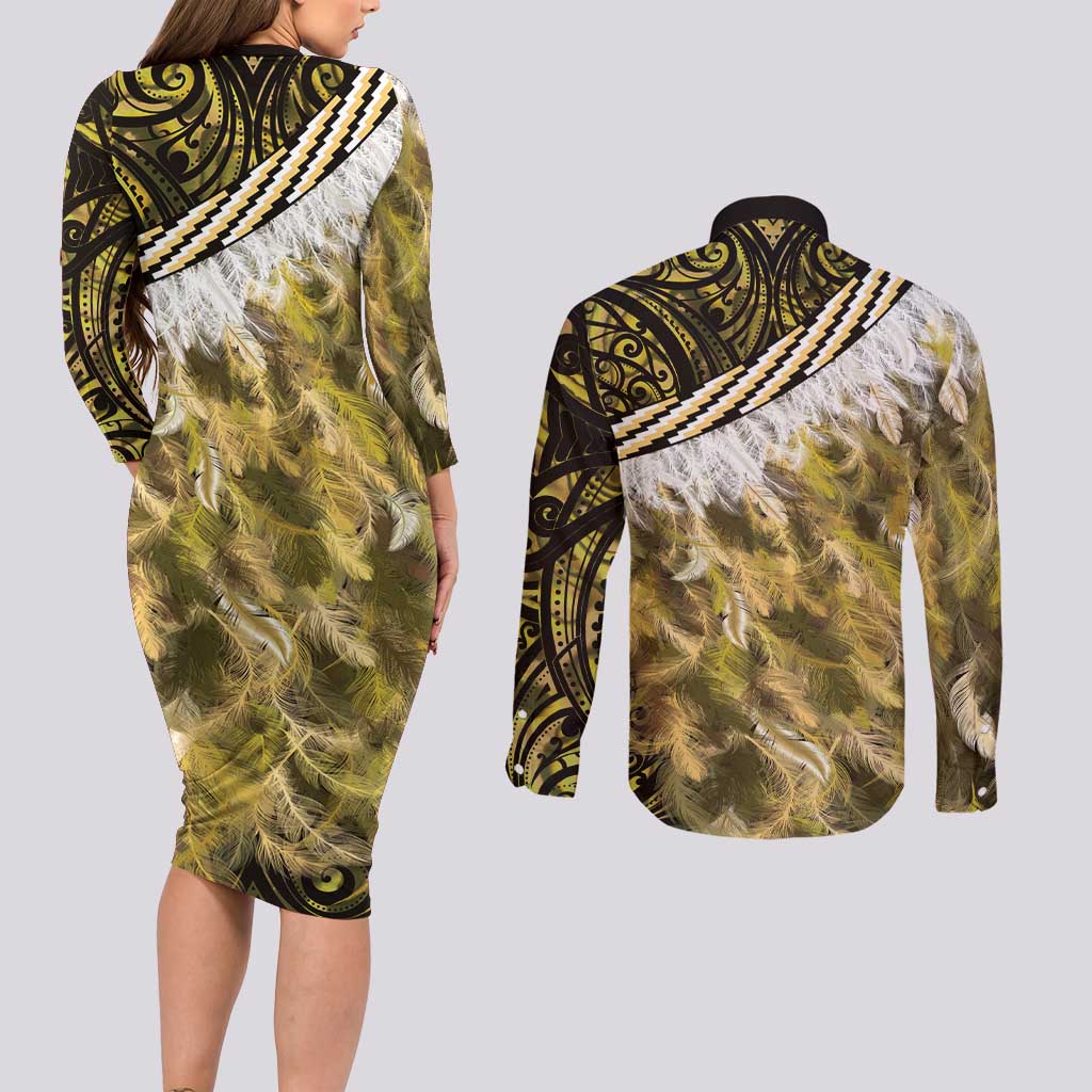 Yellow Traditional Cloak Aotearoa Couples Matching Long Sleeve Bodycon Dress and Long Sleeve Button Shirt Maori Paua Shell Korowai Pattern LT14 - Polynesian Pride