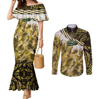 Yellow Traditional Cloak Aotearoa Couples Matching Mermaid Dress and Long Sleeve Button Shirt Maori Paua Shell Korowai Pattern