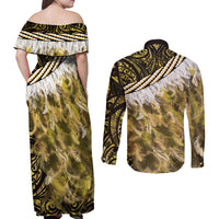 Yellow Traditional Cloak Aotearoa Couples Matching Off Shoulder Maxi Dress and Long Sleeve Button Shirt Maori Paua Shell Korowai Pattern