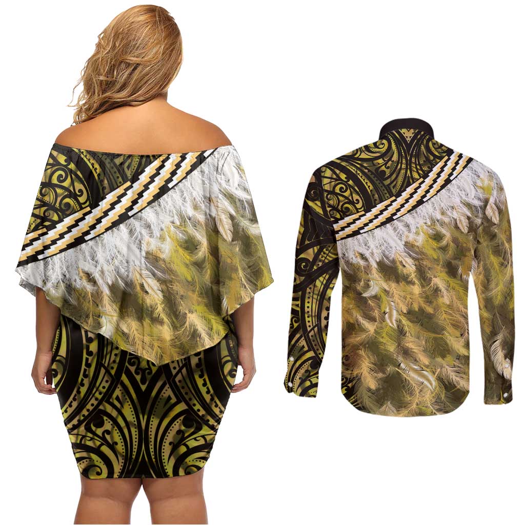 Yellow Traditional Cloak Aotearoa Couples Matching Off Shoulder Short Dress and Long Sleeve Button Shirt Maori Paua Shell Korowai Pattern