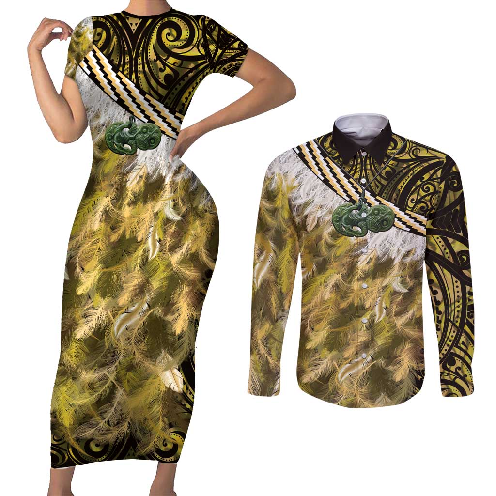 Yellow Traditional Cloak Aotearoa Couples Matching Short Sleeve Bodycon Dress and Long Sleeve Button Shirt Maori Paua Shell Korowai Pattern