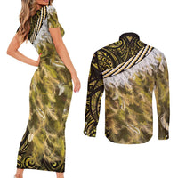Yellow Traditional Cloak Aotearoa Couples Matching Short Sleeve Bodycon Dress and Long Sleeve Button Shirt Maori Paua Shell Korowai Pattern