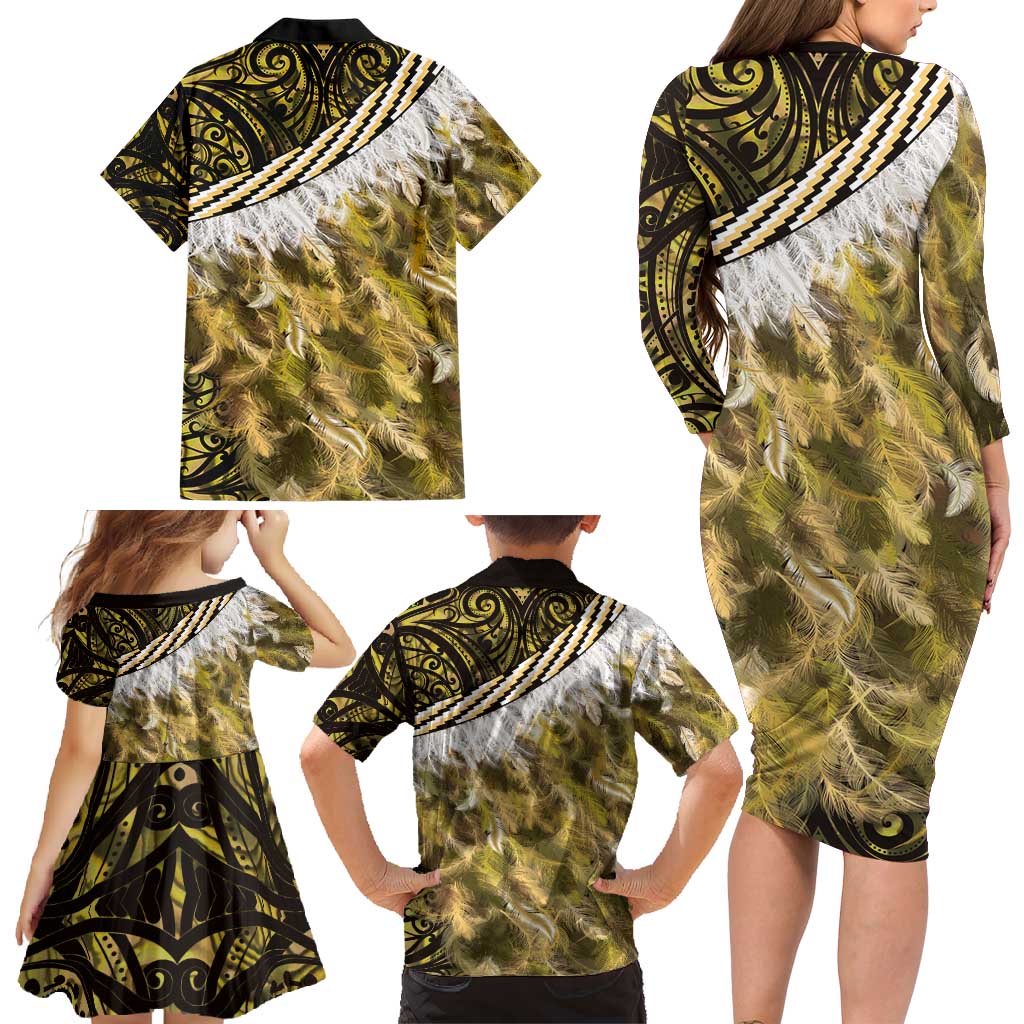 Yellow Traditional Cloak Aotearoa Family Matching Long Sleeve Bodycon Dress and Hawaiian Shirt Maori Paua Shell Korowai Pattern LT14 - Polynesian Pride