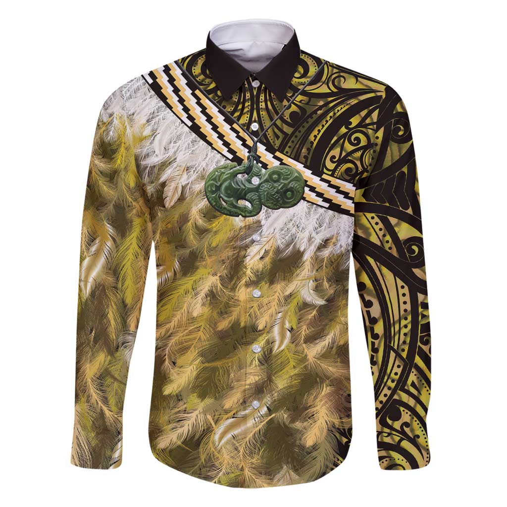 Yellow Traditional Cloak Aotearoa Family Matching Long Sleeve Bodycon Dress and Hawaiian Shirt Maori Paua Shell Korowai Pattern LT14 Dad's Shirt - Long Sleeve Yellow - Polynesian Pride