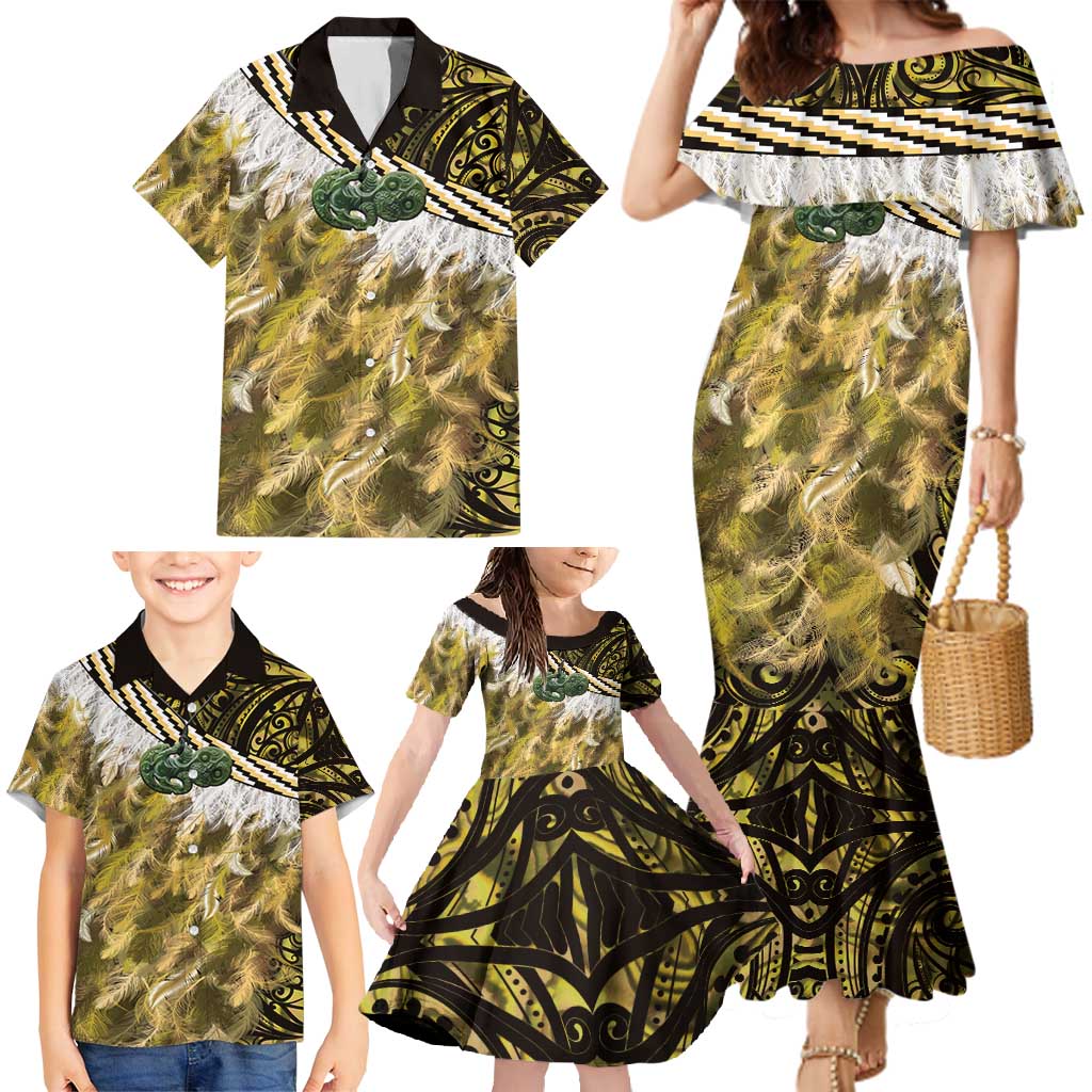 Yellow Traditional Cloak Aotearoa Family Matching Mermaid Dress and Hawaiian Shirt Maori Paua Shell Korowai Pattern LT14 - Polynesian Pride