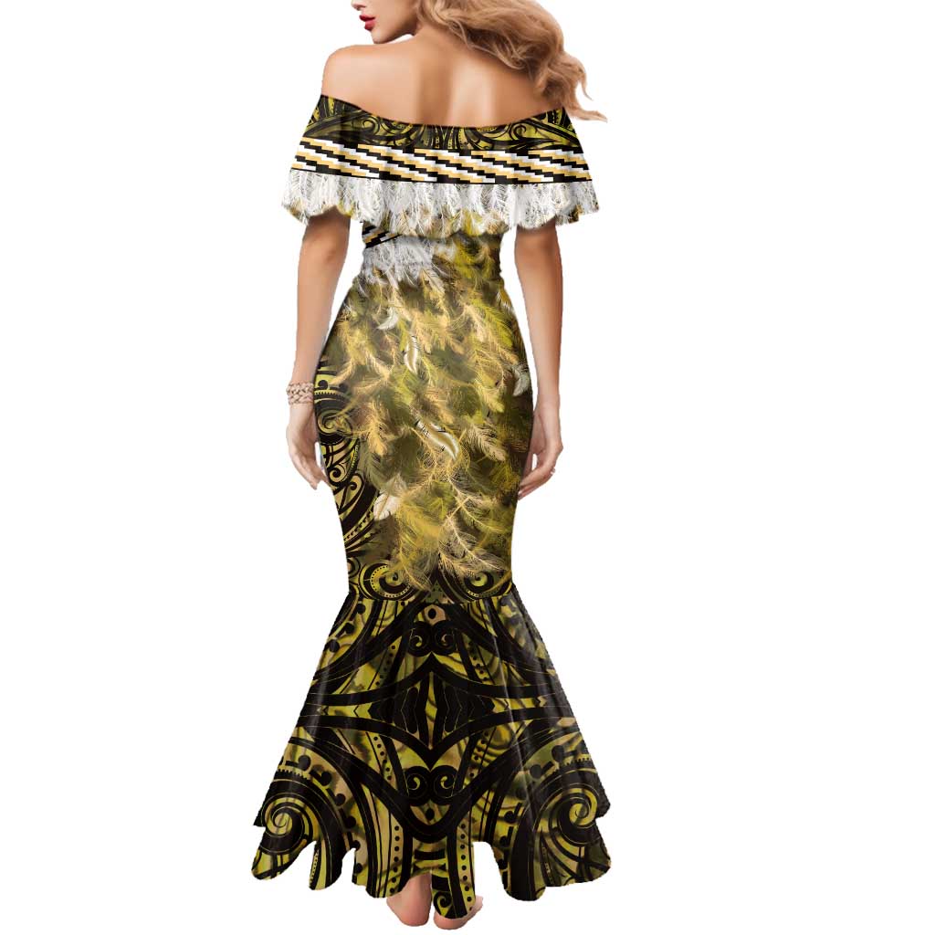 Yellow Traditional Cloak Aotearoa Family Matching Mermaid Dress and Hawaiian Shirt Maori Paua Shell Korowai Pattern LT14 - Polynesian Pride