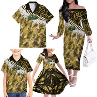 Yellow Traditional Cloak Aotearoa Family Matching Off The Shoulder Long Sleeve Dress and Hawaiian Shirt Maori Paua Shell Korowai Pattern LT14 - Polynesian Pride