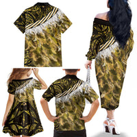 Yellow Traditional Cloak Aotearoa Family Matching Off The Shoulder Long Sleeve Dress and Hawaiian Shirt Maori Paua Shell Korowai Pattern LT14 - Polynesian Pride