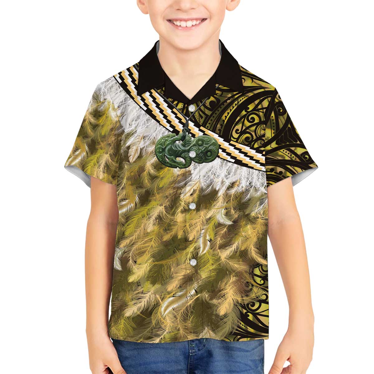 Yellow Traditional Cloak Aotearoa Family Matching Off The Shoulder Long Sleeve Dress and Hawaiian Shirt Maori Paua Shell Korowai Pattern LT14 Son's Shirt Yellow - Polynesian Pride