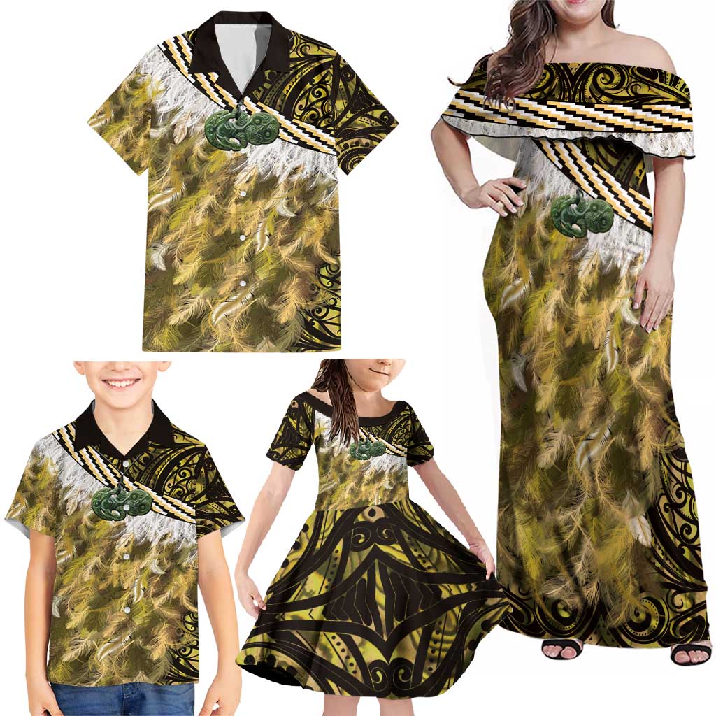 Yellow Traditional Cloak Aotearoa Family Matching Off Shoulder Maxi Dress and Hawaiian Shirt Maori Paua Shell Korowai Pattern LT14 - Polynesian Pride