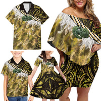 Yellow Traditional Cloak Aotearoa Family Matching Off Shoulder Short Dress and Hawaiian Shirt Maori Paua Shell Korowai Pattern LT14 - Polynesian Pride