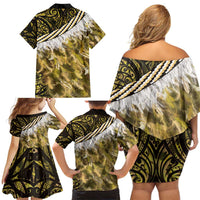 Yellow Traditional Cloak Aotearoa Family Matching Off Shoulder Short Dress and Hawaiian Shirt Maori Paua Shell Korowai Pattern LT14 - Polynesian Pride