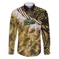 Yellow Traditional Cloak Aotearoa Family Matching Off Shoulder Short Dress and Hawaiian Shirt Maori Paua Shell Korowai Pattern LT14 Dad's Shirt - Long Sleeve Yellow - Polynesian Pride