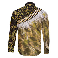 Yellow Traditional Cloak Aotearoa Family Matching Off Shoulder Short Dress and Hawaiian Shirt Maori Paua Shell Korowai Pattern LT14 - Polynesian Pride