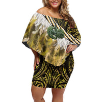 Yellow Traditional Cloak Aotearoa Family Matching Off Shoulder Short Dress and Hawaiian Shirt Maori Paua Shell Korowai Pattern LT14 Mom's Dress Yellow - Polynesian Pride