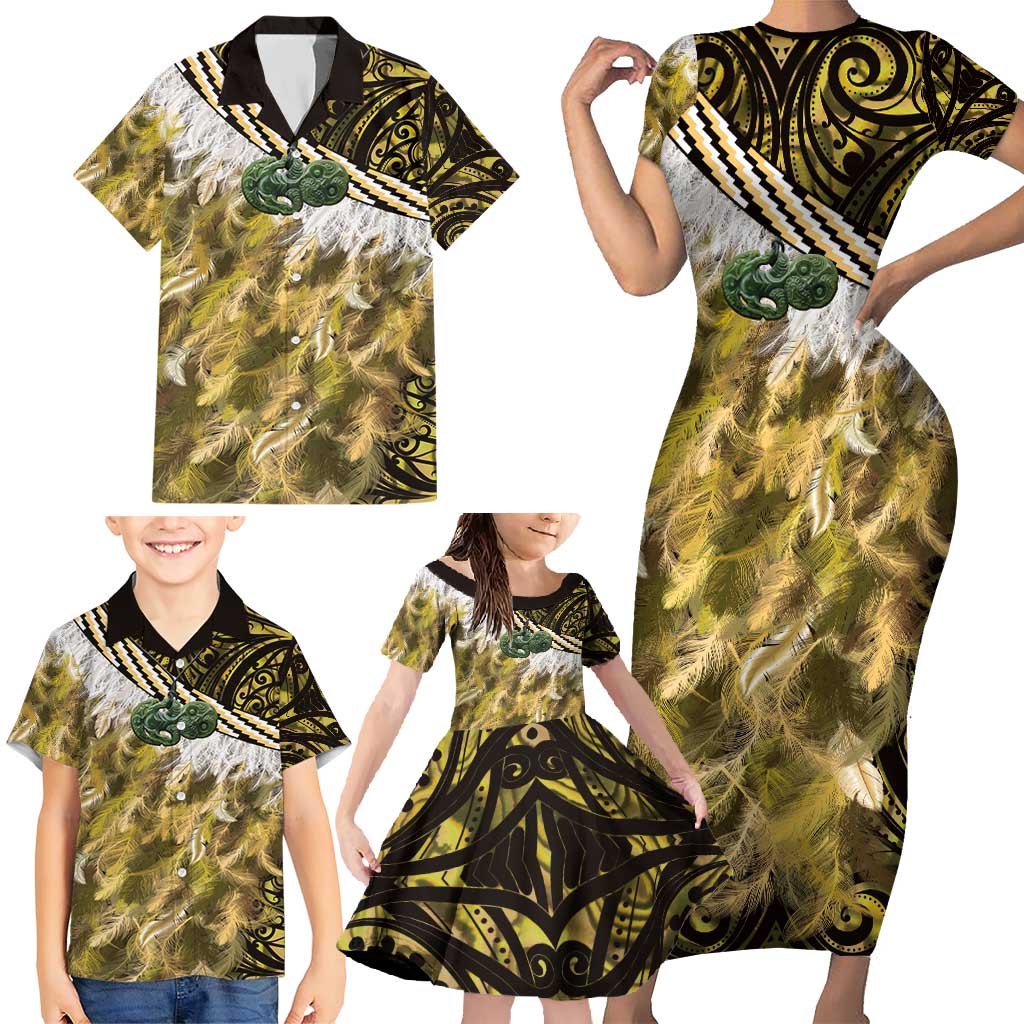 Yellow Traditional Cloak Aotearoa Family Matching Short Sleeve Bodycon Dress and Hawaiian Shirt Maori Paua Shell Korowai Pattern LT14 - Polynesian Pride