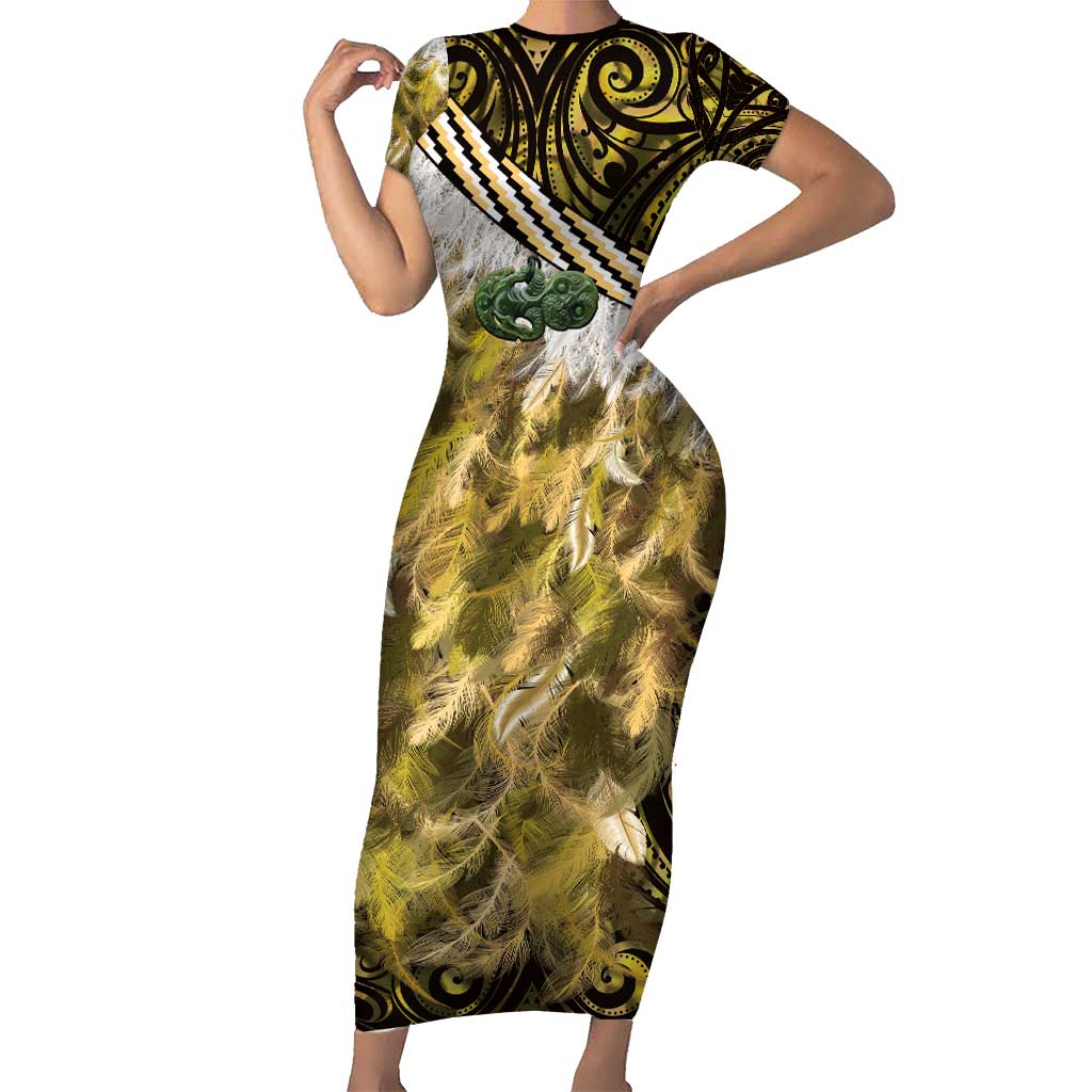 Yellow Traditional Cloak Aotearoa Family Matching Short Sleeve Bodycon Dress and Hawaiian Shirt Maori Paua Shell Korowai Pattern LT14 Mom's Dress Yellow - Polynesian Pride