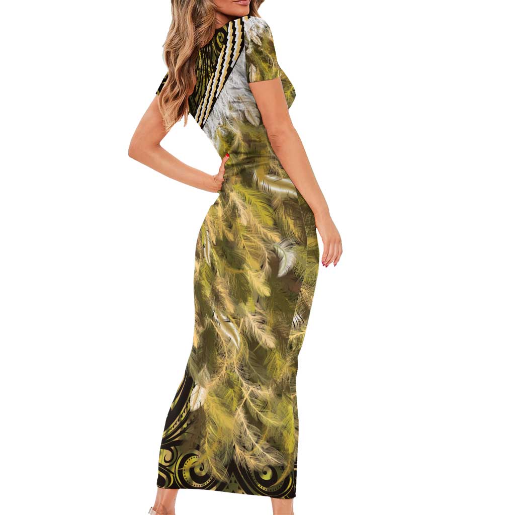 Yellow Traditional Cloak Aotearoa Family Matching Short Sleeve Bodycon Dress and Hawaiian Shirt Maori Paua Shell Korowai Pattern LT14 - Polynesian Pride