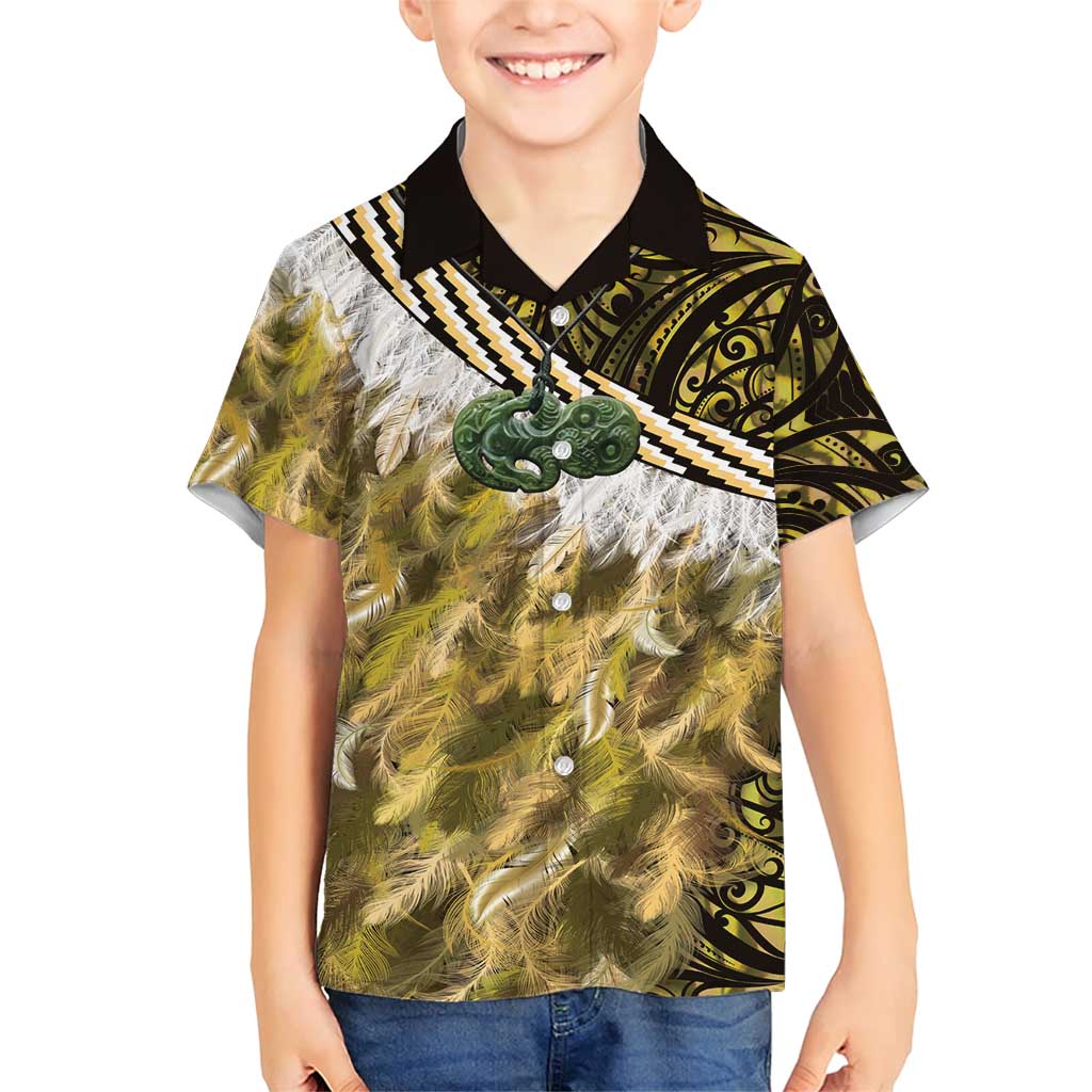 Yellow Traditional Cloak Aotearoa Family Matching Short Sleeve Bodycon Dress and Hawaiian Shirt Maori Paua Shell Korowai Pattern LT14 Son's Shirt Yellow - Polynesian Pride