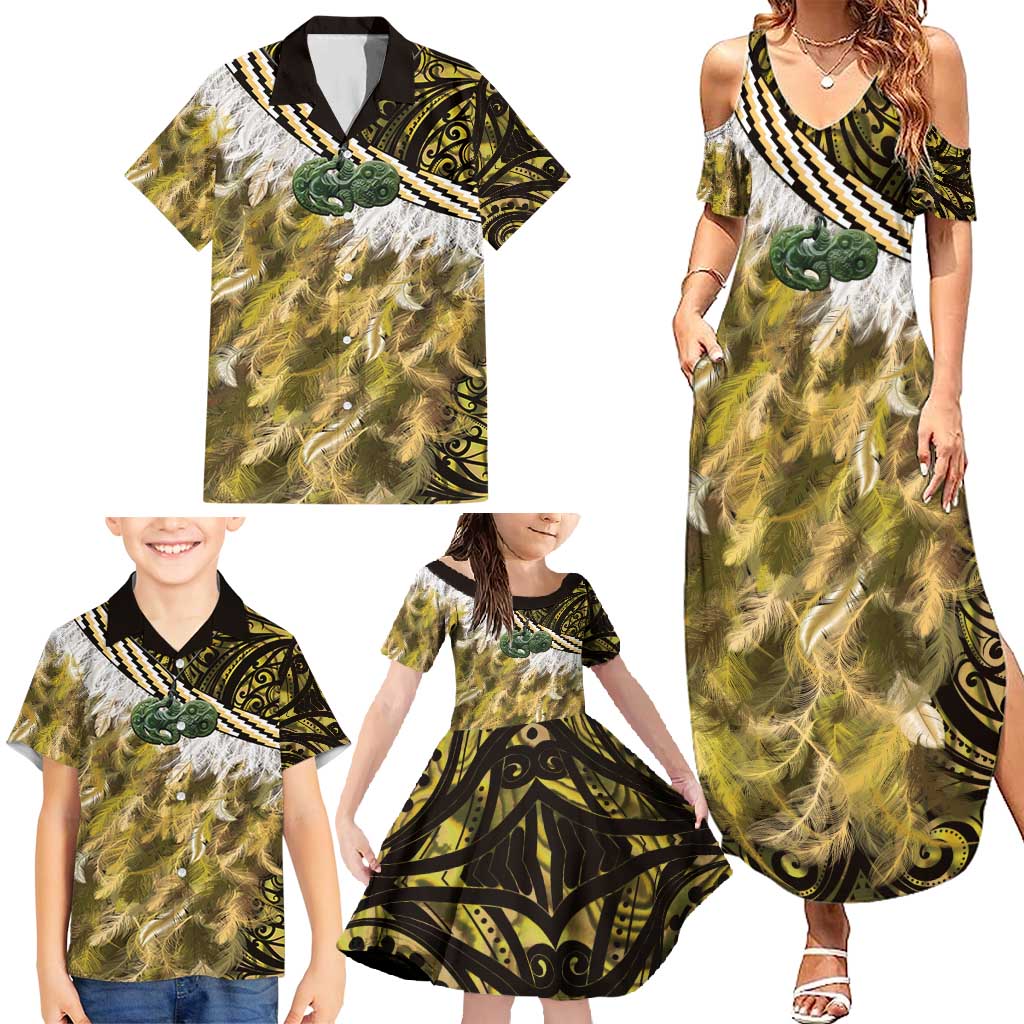 Yellow Traditional Cloak Aotearoa Family Matching Summer Maxi Dress and Hawaiian Shirt Maori Paua Shell Korowai Pattern LT14 - Polynesian Pride