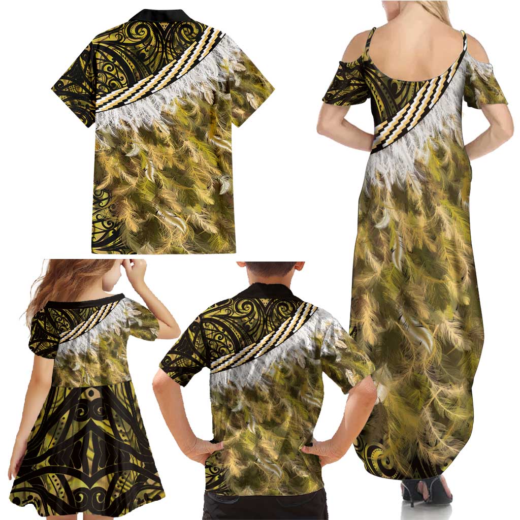 Yellow Traditional Cloak Aotearoa Family Matching Summer Maxi Dress and Hawaiian Shirt Maori Paua Shell Korowai Pattern LT14 - Polynesian Pride