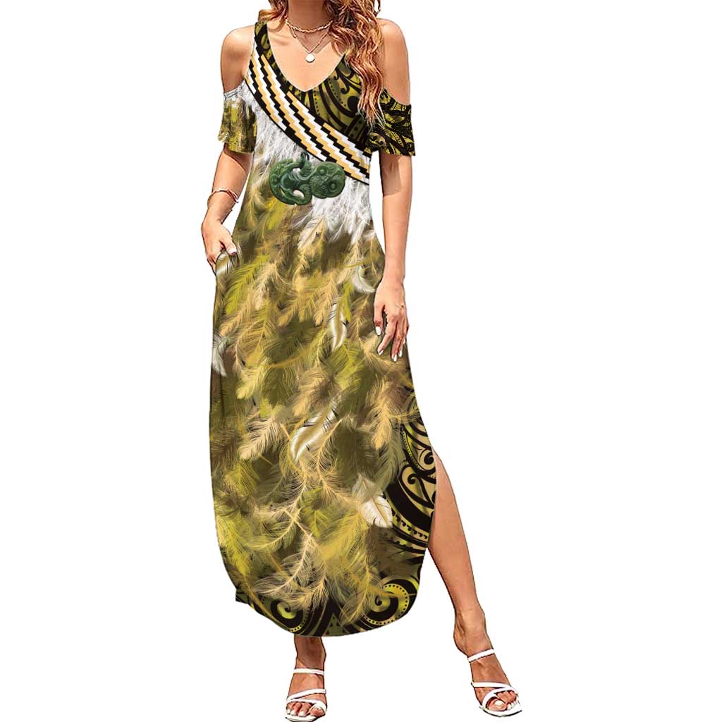 Yellow Traditional Cloak Aotearoa Family Matching Summer Maxi Dress and Hawaiian Shirt Maori Paua Shell Korowai Pattern LT14 Mom's Dress Yellow - Polynesian Pride