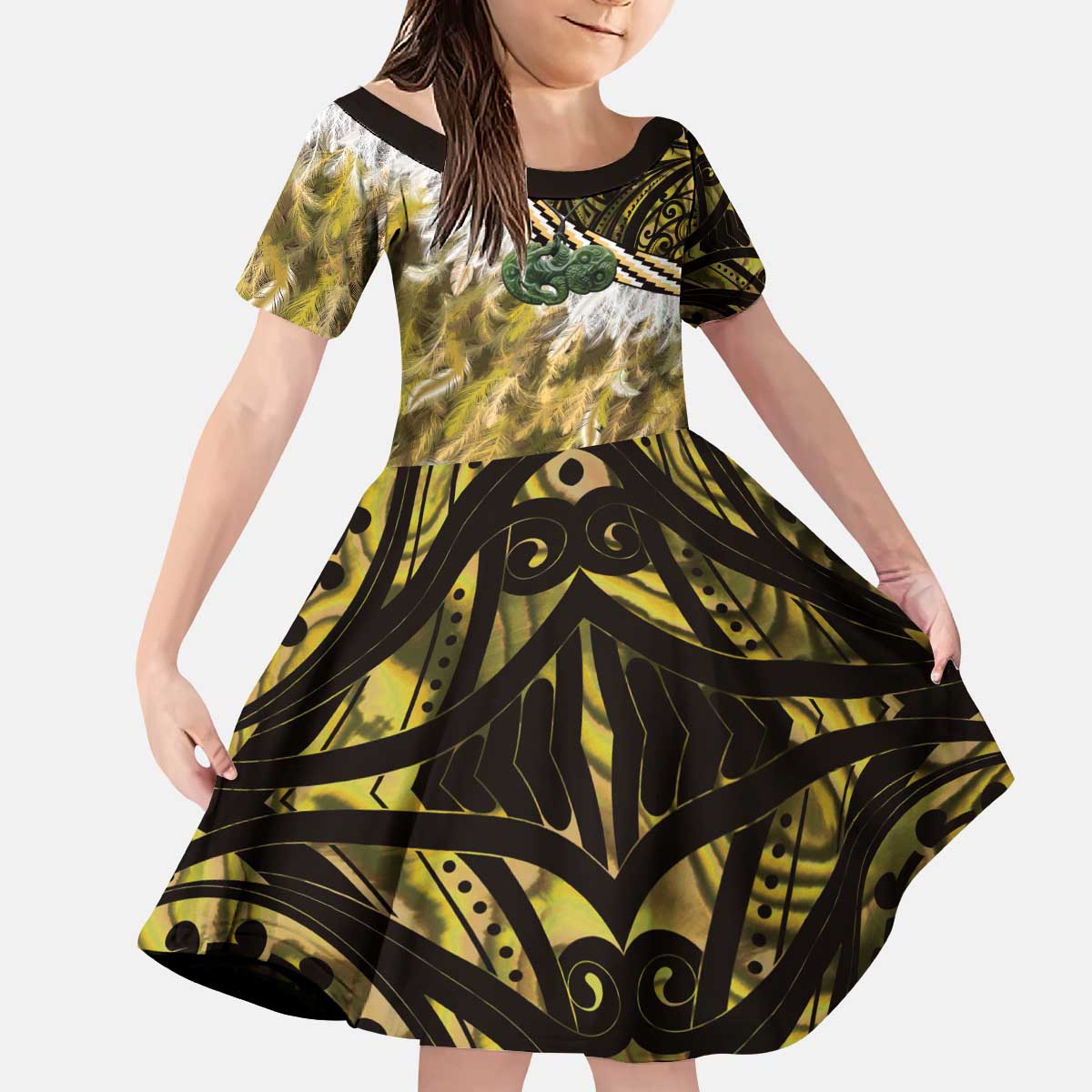 Yellow Traditional Cloak Aotearoa Kid Short Sleeve Dress Maori Paua Shell Korowai Pattern