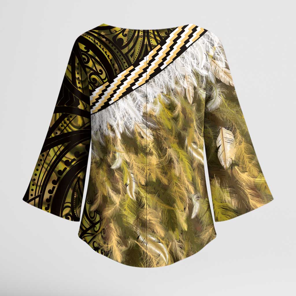 Yellow Traditional Cloak Aotearoa Kimono Sleeve Blouse Maori Paua Shell Korowai Pattern - Polynesian Pride