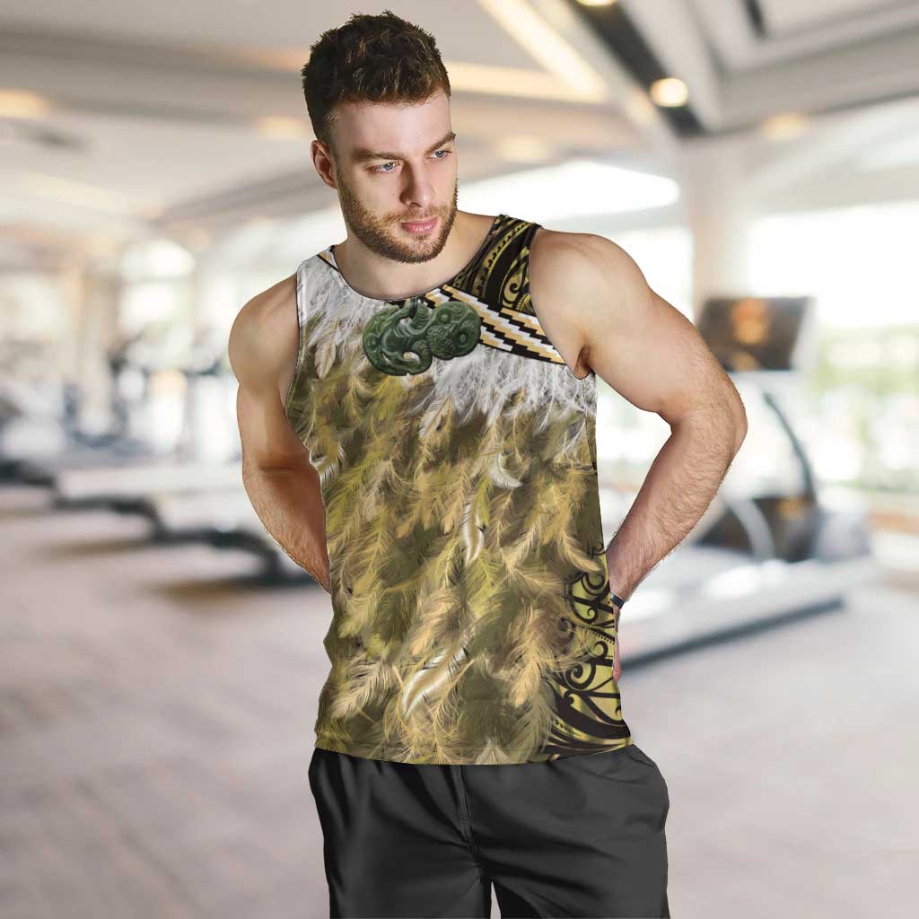 Yellow Traditional Cloak Aotearoa Men Tank Top Maori Paua Shell Korowai Pattern