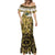 Yellow Traditional Cloak Aotearoa Mermaid Dress Maori Paua Shell Korowai Pattern
