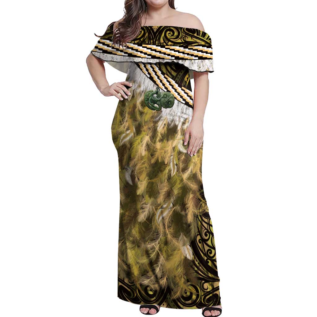 Yellow Traditional Cloak Aotearoa Off Shoulder Maxi Dress Maori Paua Shell Korowai Pattern