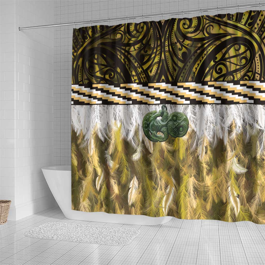 Yellow Traditional Cloak Aotearoa Shower Curtain Maori Paua Shell Korowai Pattern
