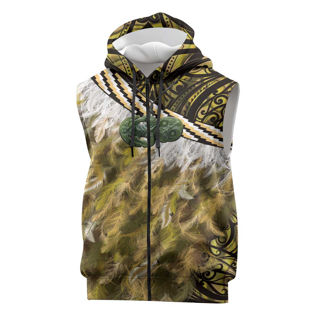 Yellow Traditional Cloak Aotearoa Sleeveless Zip Hoodie Maori Paua Shell Korowai Pattern - Polynesian Pride