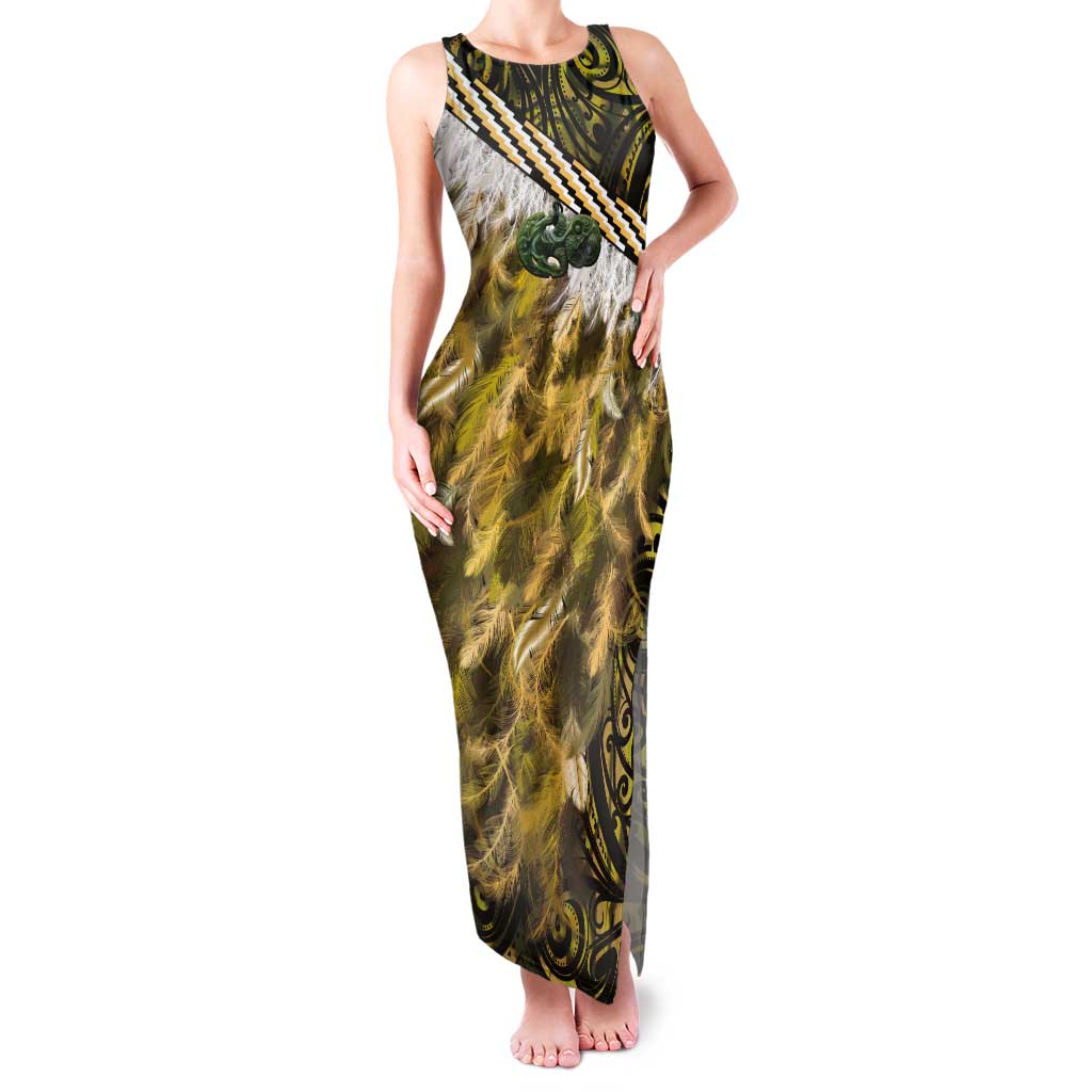 Yellow Traditional Cloak Aotearoa Tank Maxi Dress Maori Paua Shell Korowai Pattern