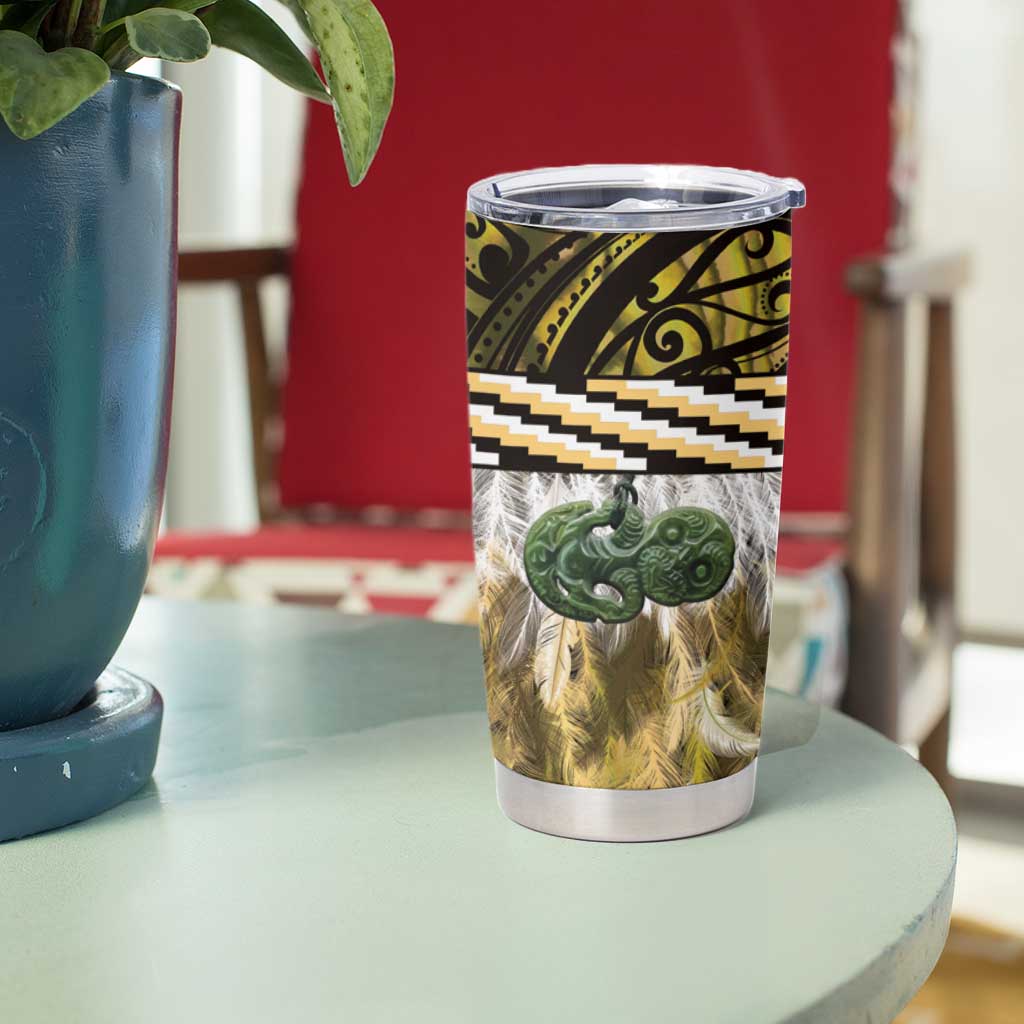 Yellow Traditional Cloak Aotearoa Tumbler Cup Maori Paua Shell Korowai Pattern