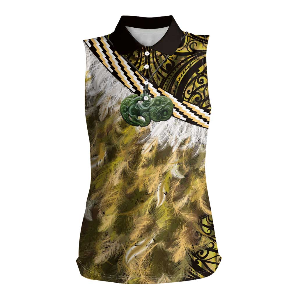 Yellow Traditional Cloak Aotearoa Women Sleeveless Polo Shirt Maori Paua Shell Korowai Pattern