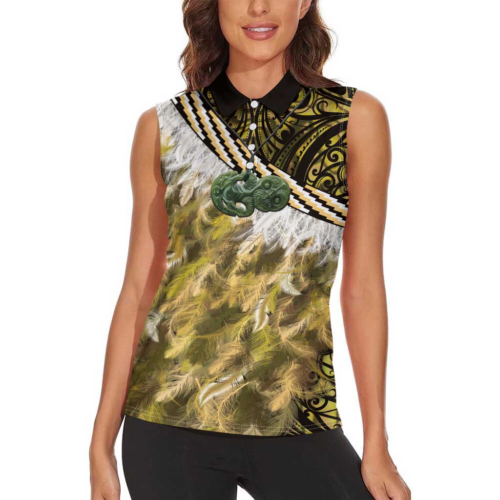 Yellow Traditional Cloak Aotearoa Women Sleeveless Polo Shirt Maori Paua Shell Korowai Pattern
